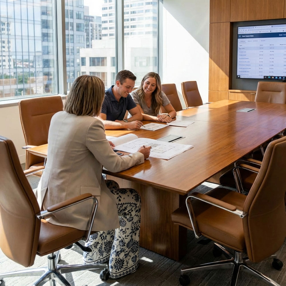 Couple dans une salle de reunion avec maryse villeneuve.