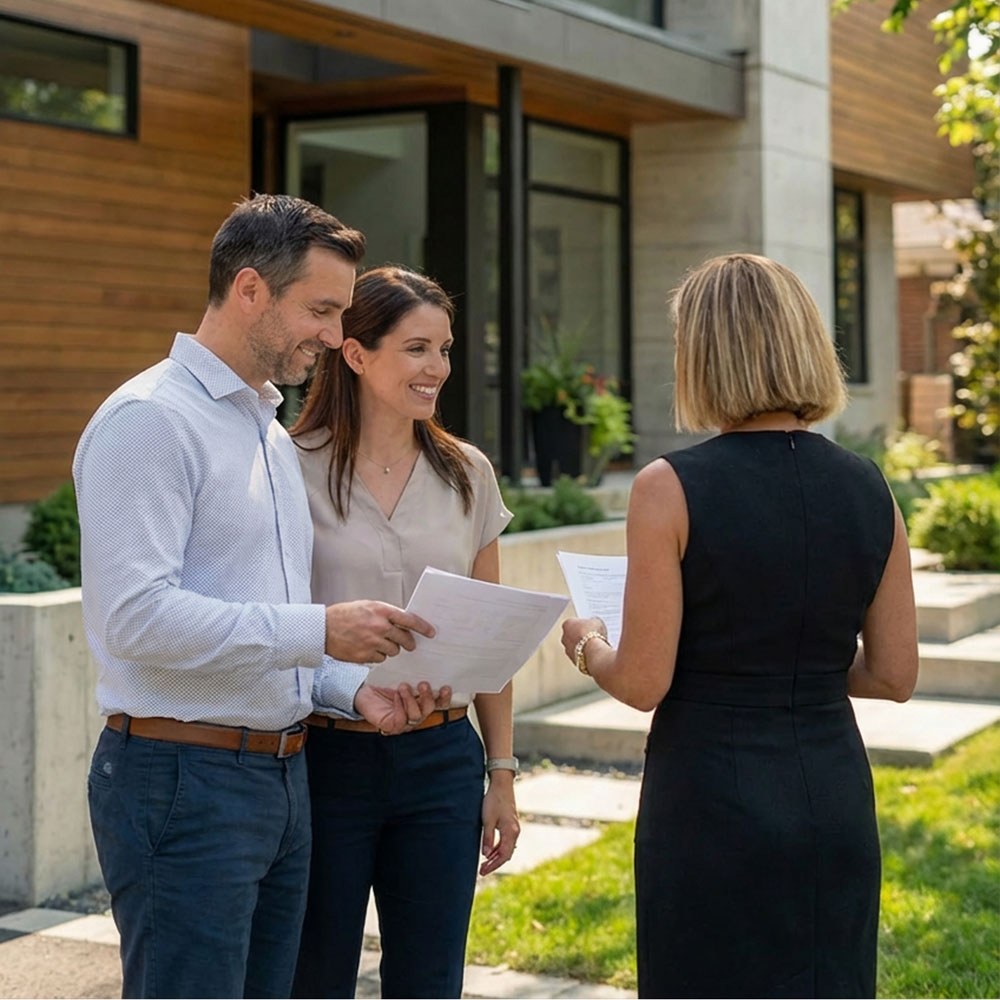 Couple visitant une propriete avec maryse villeneuve.